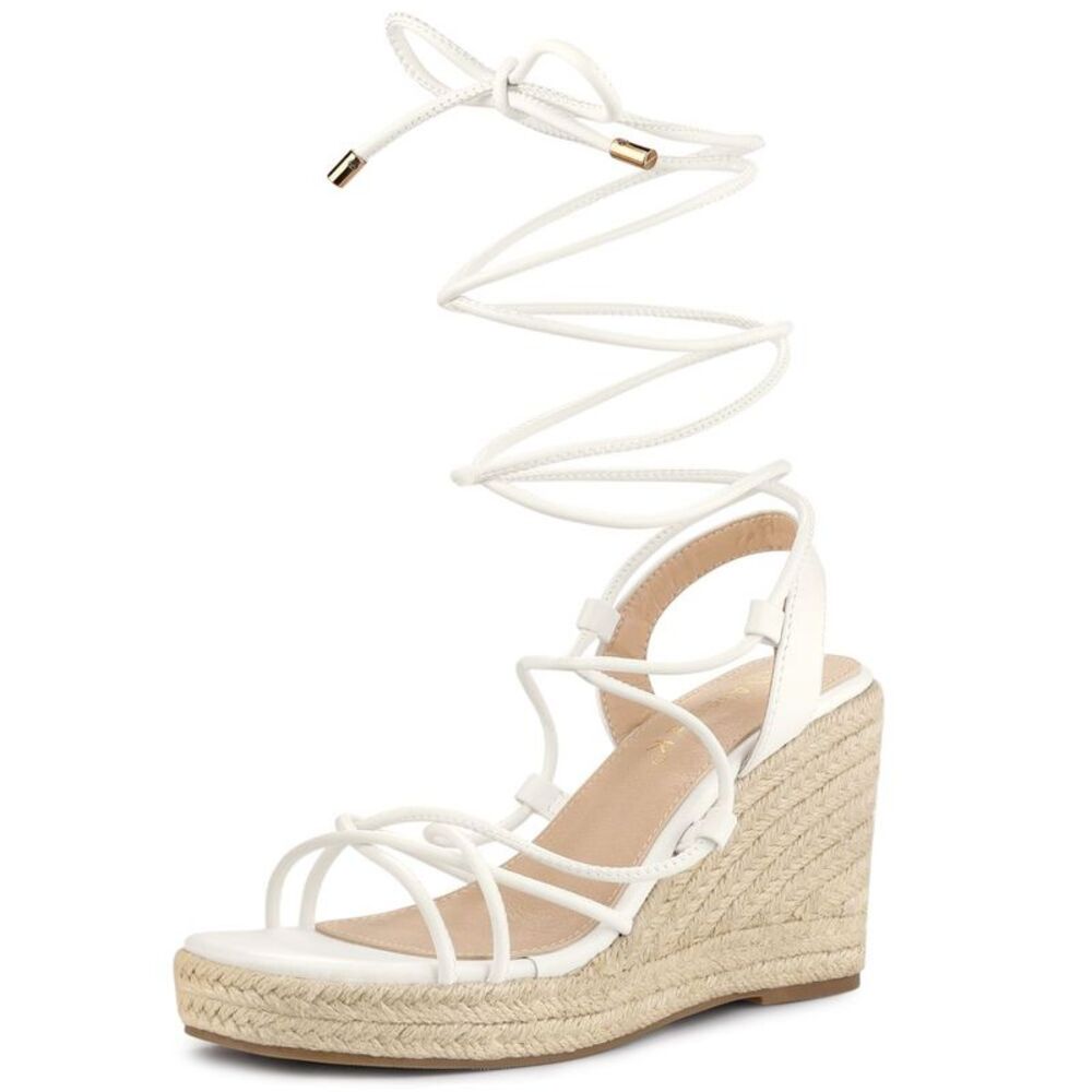 Women's Square Toe Lace Up Platform Espadrilles Wedge Heel Sandals White 6
